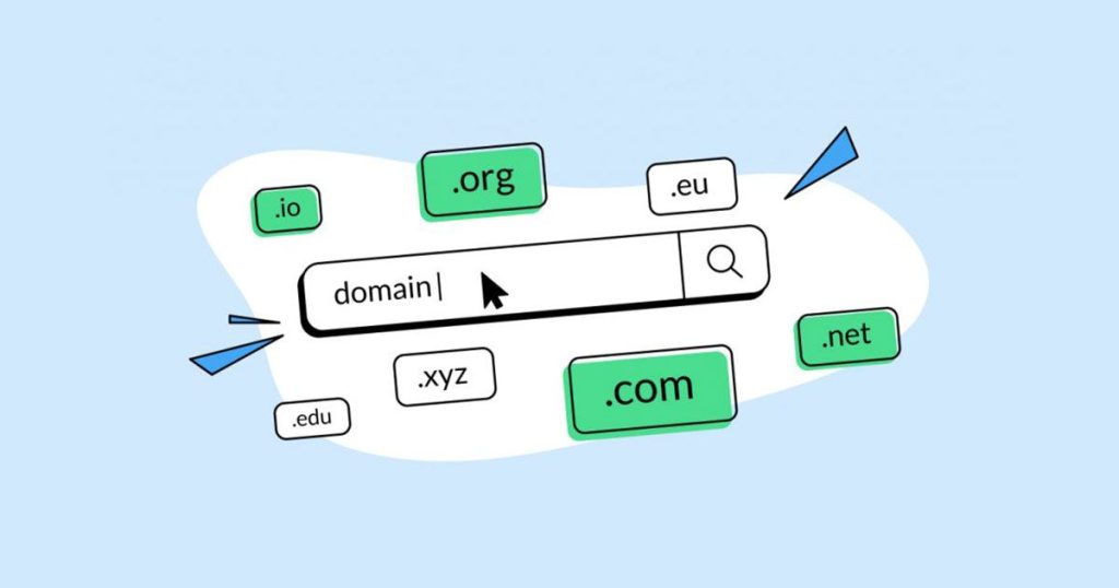 Une barre de recherche avec le mot "domaine" tapé et diverses extensions de domaine comme .com, .org, .net, .edu, .io, .eu, et .xyz qui l'entourent.