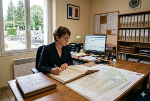 Une femme est assise à un bureau, écrivant dans un grand livre
