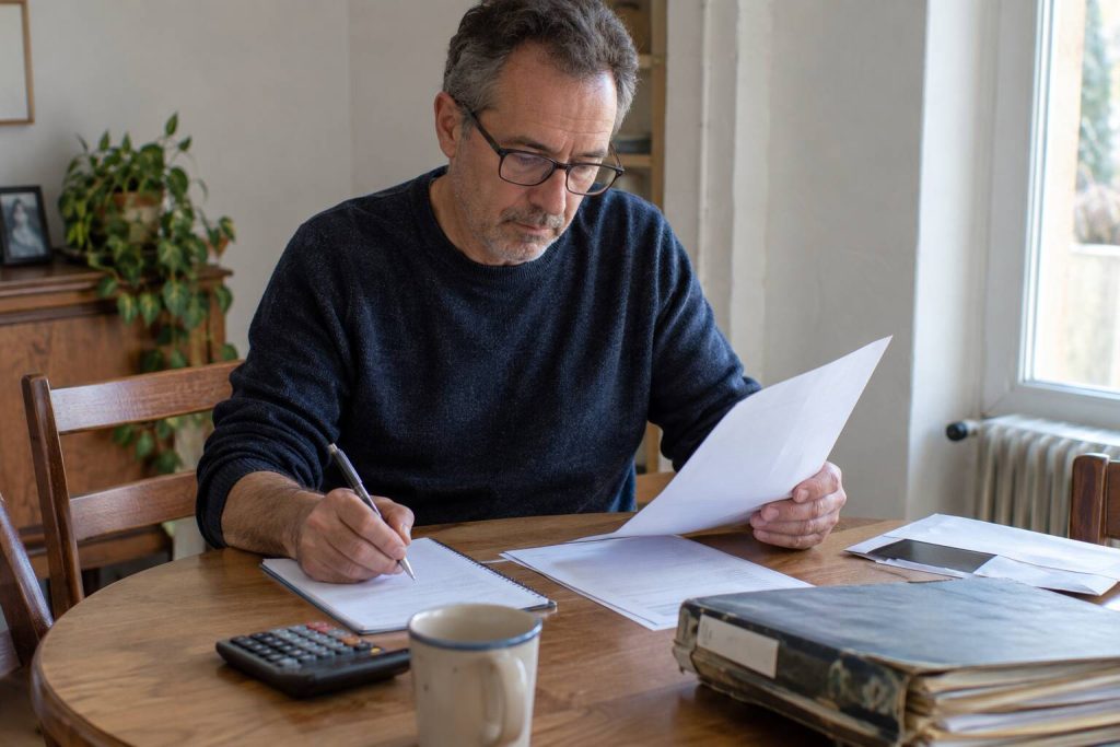 Un homme à lunettes est assis à une table ; il examine des documents