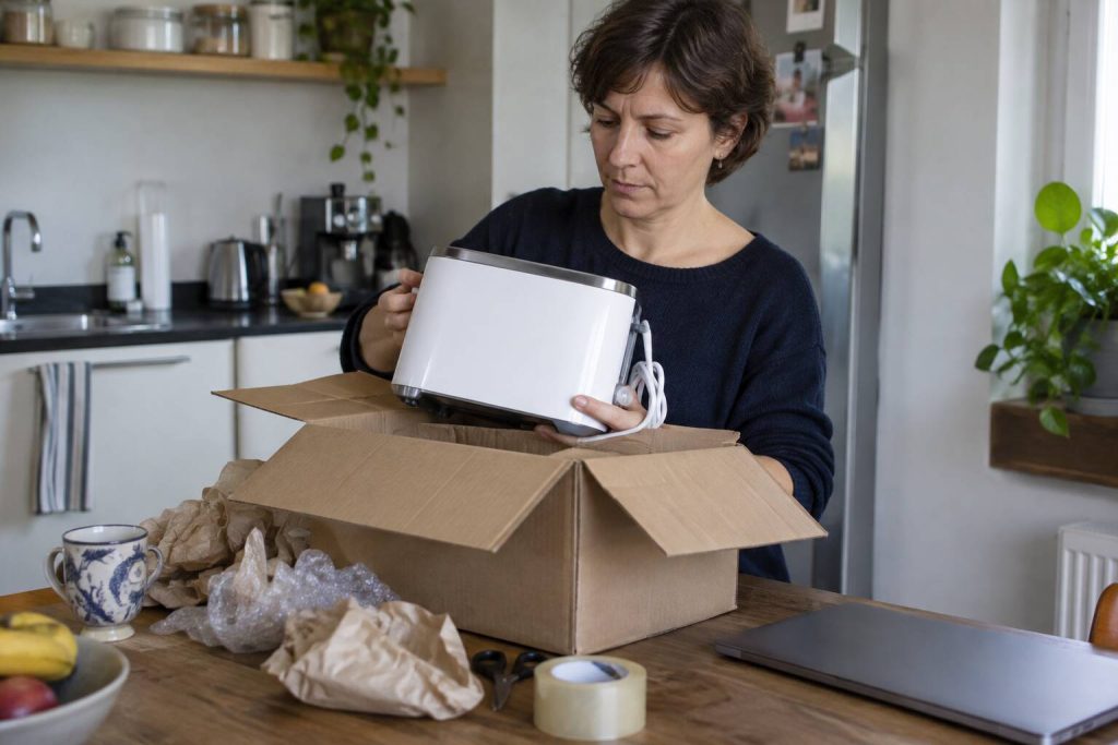 Dans une cuisine, une femme sort un grille-pain blanc d'un carton